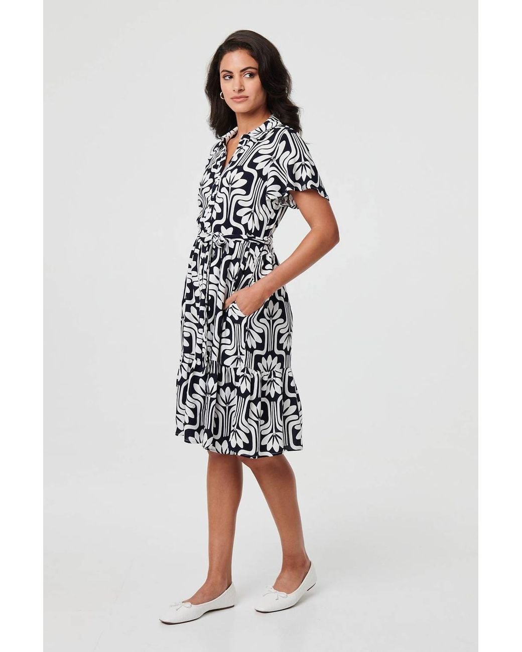 Izabel London Blue Printed Short Sleeve Mini Shirt Dress