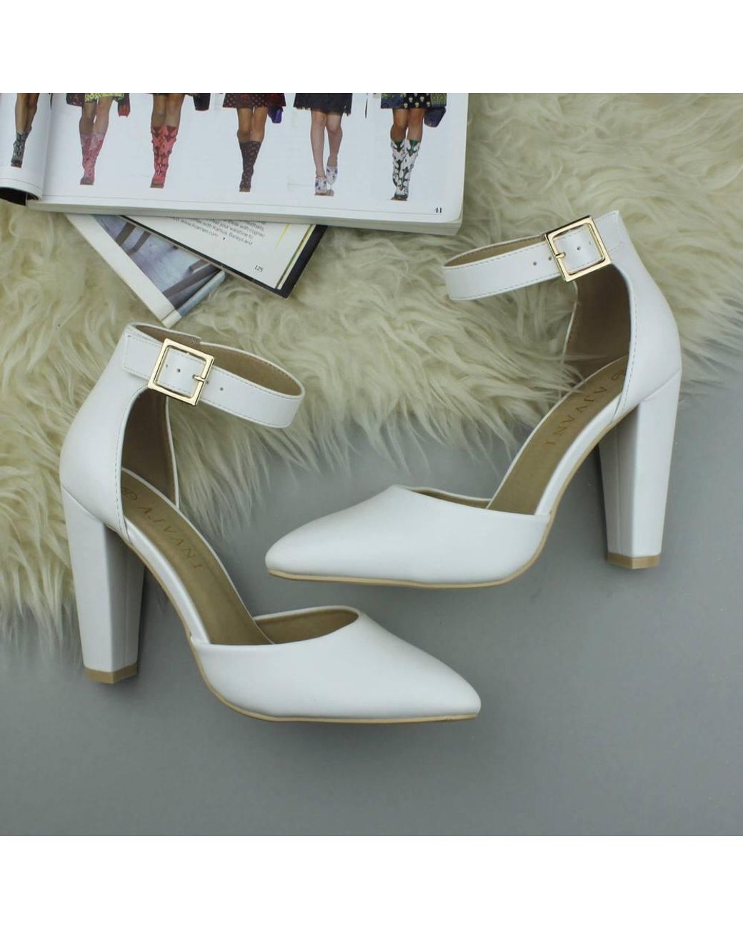AJVANI White High Block Heel Ankle Strap Pointed Toe Court Shoes