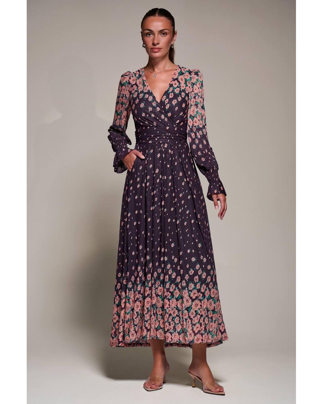 Jolie Moi Purple Mirrored Print Long Sleeve Mesh Maxi Dress