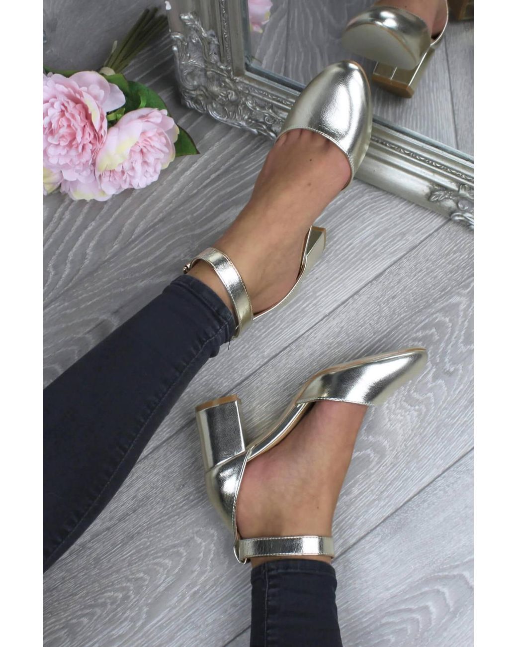 AJVANI Metallic Mid Block Heel Ankle Strap 2 Part Heels