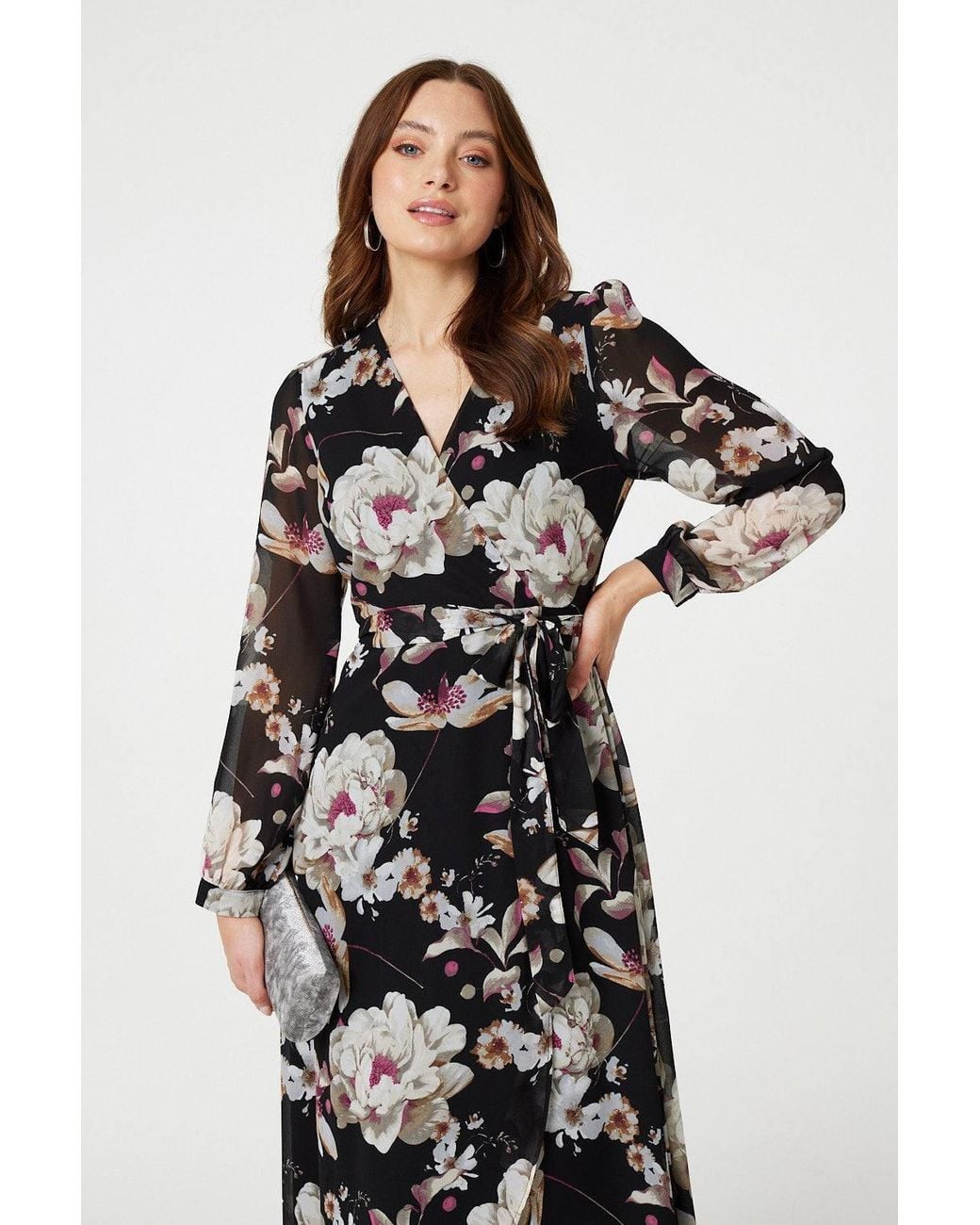 Izabel London White Floral Long Sleeve Tie Waist Wrap Midi Dress