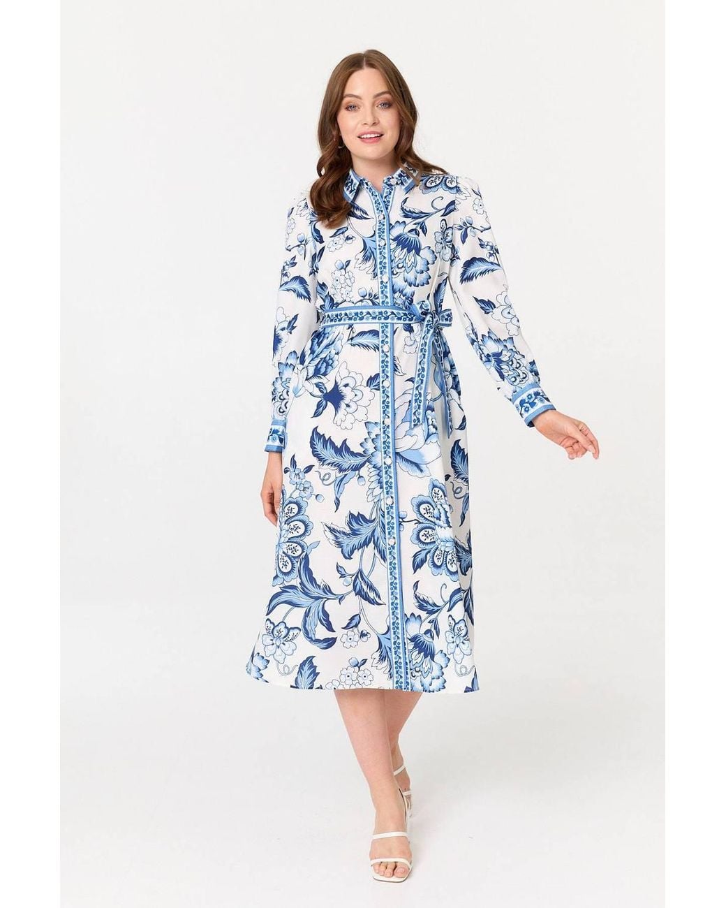 Izabel London Blue Floral Print Tie Belt Midi Shirt Dress