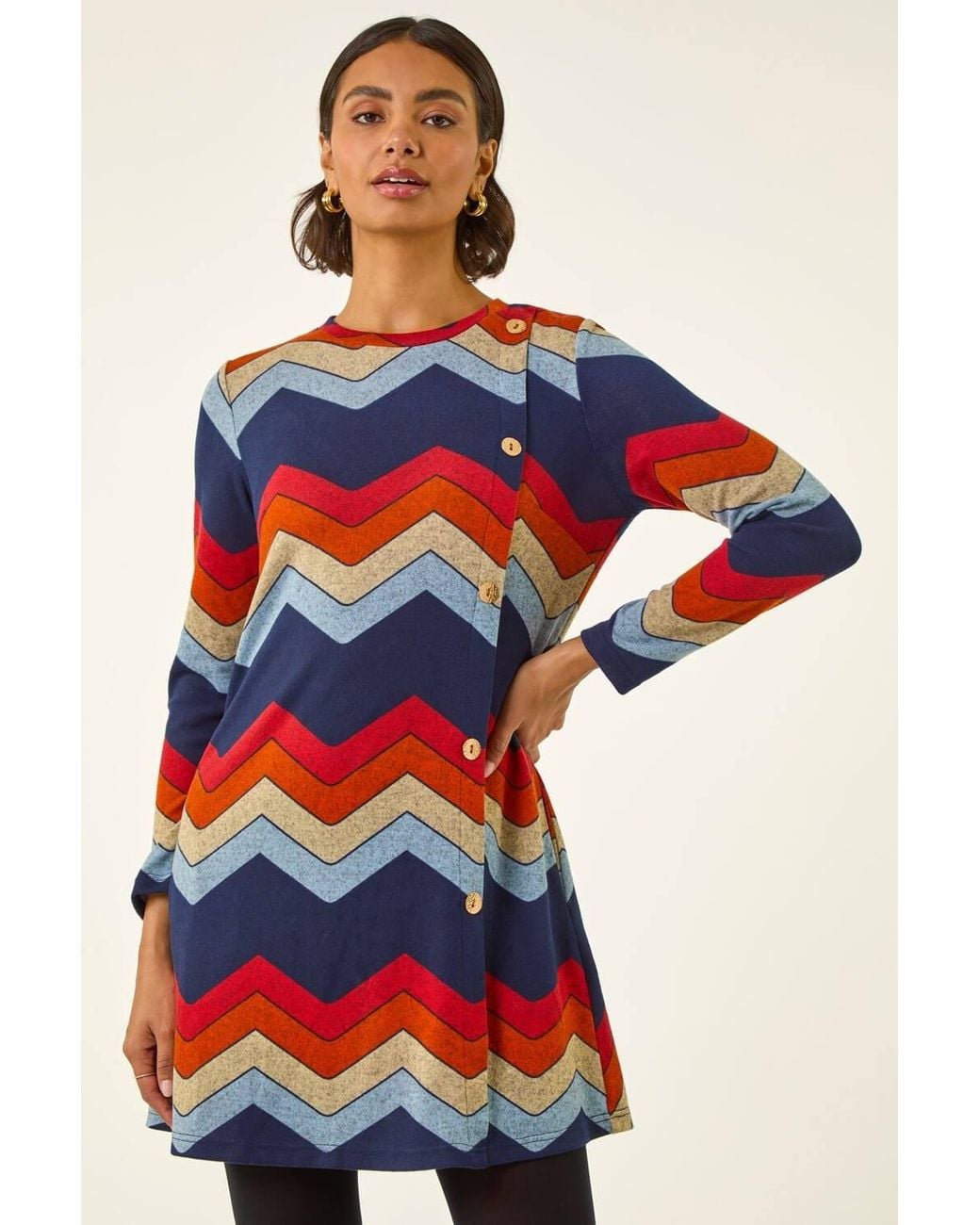 Roman Blue Zig Zag Side Button Dress