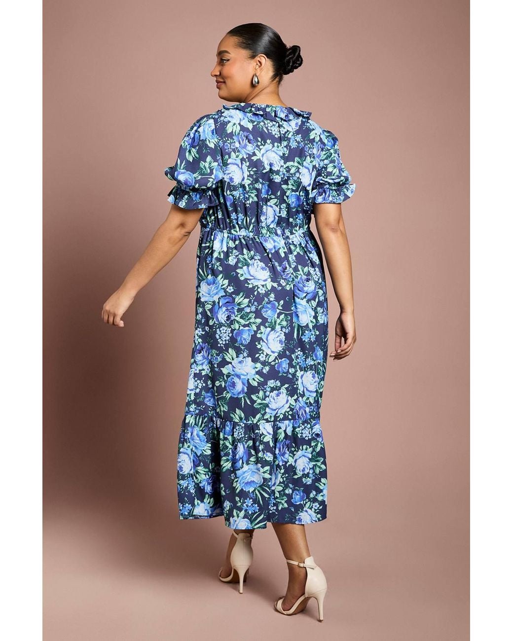 Dorothy Perkins Blue Plus Ruffle Neckline Frill Sleeve Tiered Midi Dress