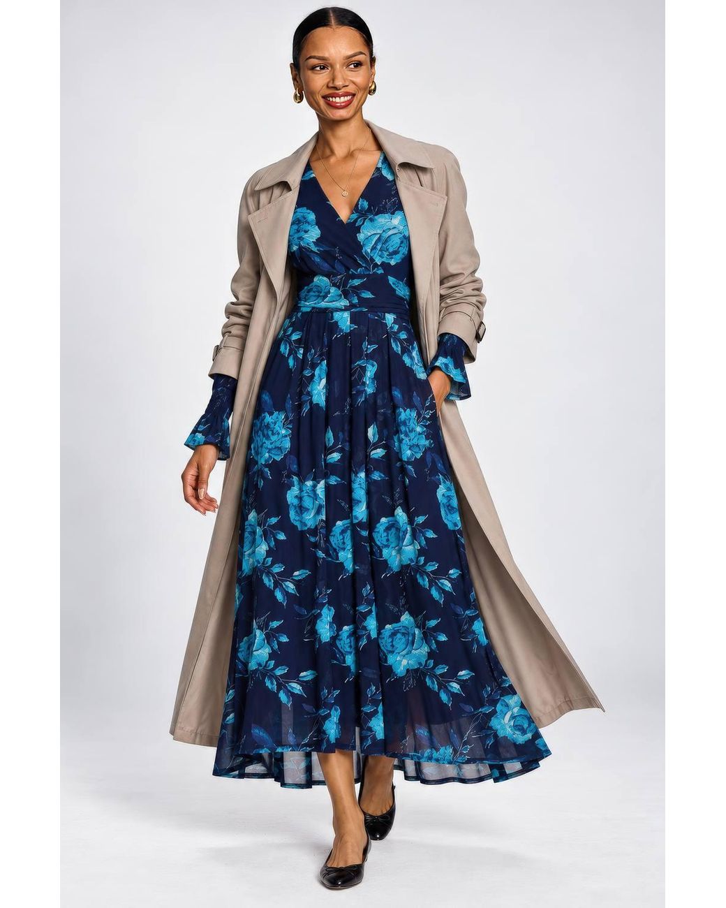 Jolie Moi Blue Long Sleeve V Neck Mesh Maxi Dress