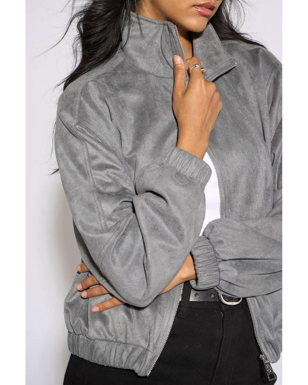 Gini London Gray Faux Suede Funnel Neck Bomber Jacket