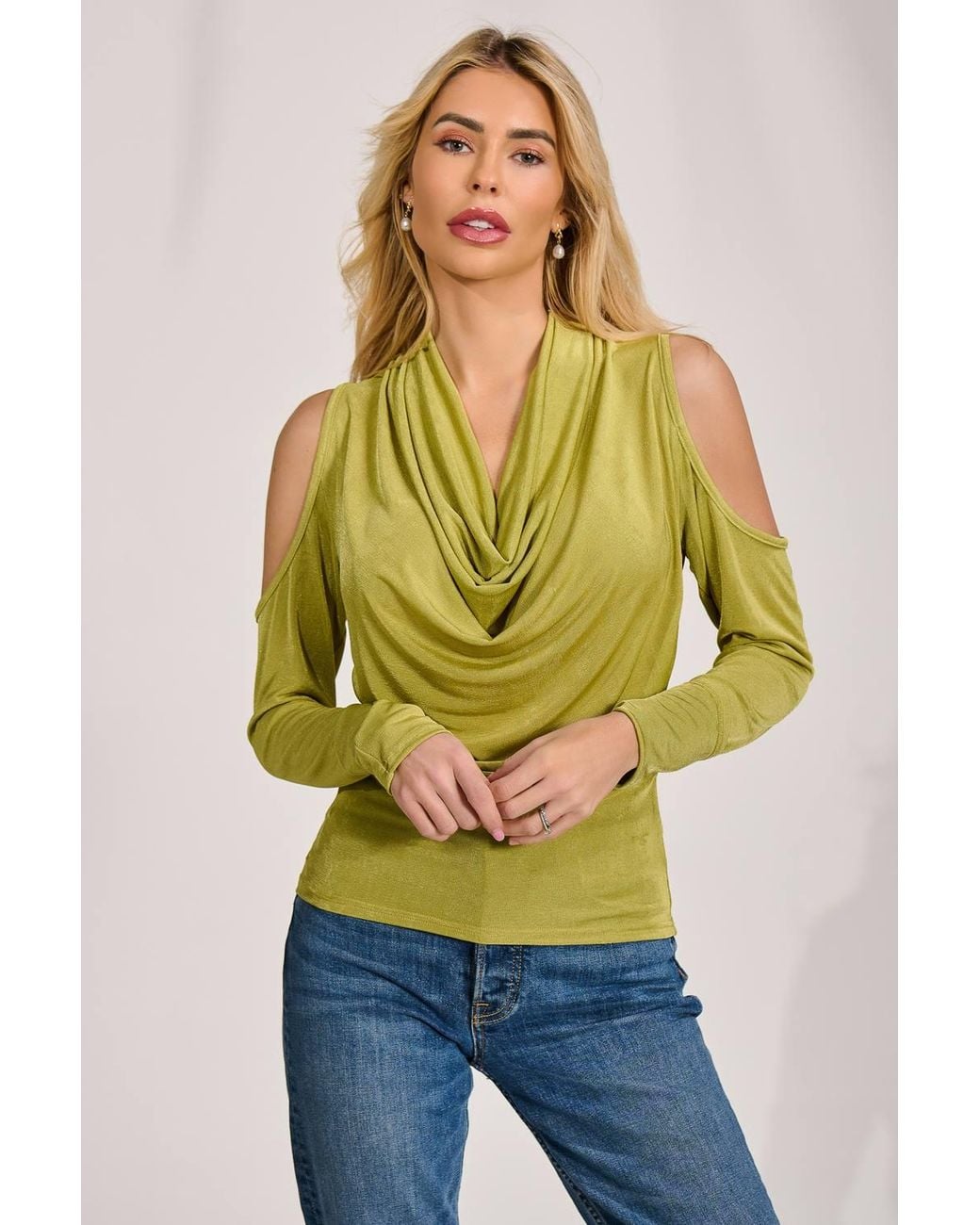 Jolie Moi Yellow Cowl Neckline Cold Shoulder Jersey Top