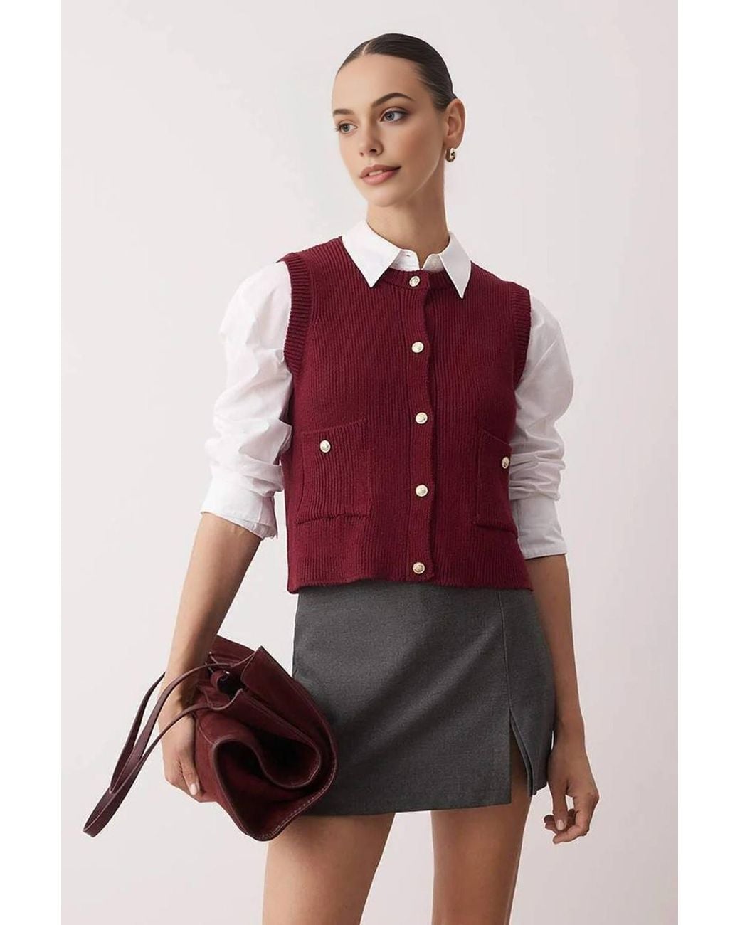 WOVCOR Red Button-Up Ribbed Knit Cropped Sweater Vest