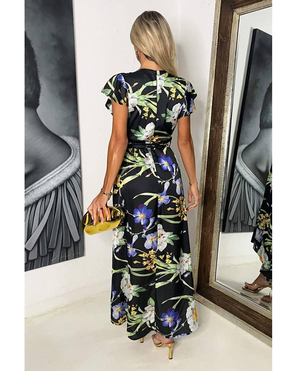 AX Paris Black Floral Print Flutter Sleeve Belted Wrap Midi Dress
