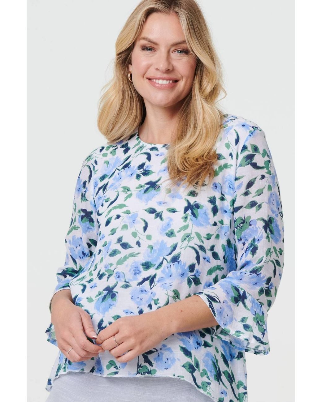 Izabel London Blue Floral Layered 3/4 Sleeve Tunic Top