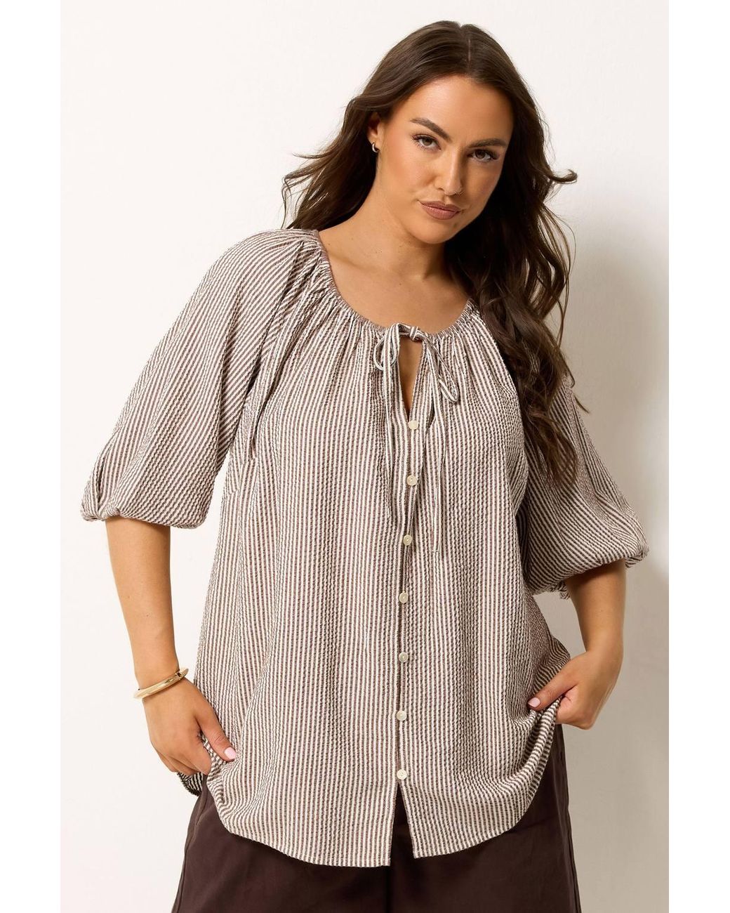 Yours Brown Stripe Tie Front Top