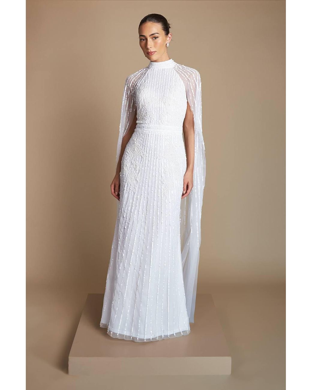 Coast Brown Linear Embellished Cape Detail Wedding Dress