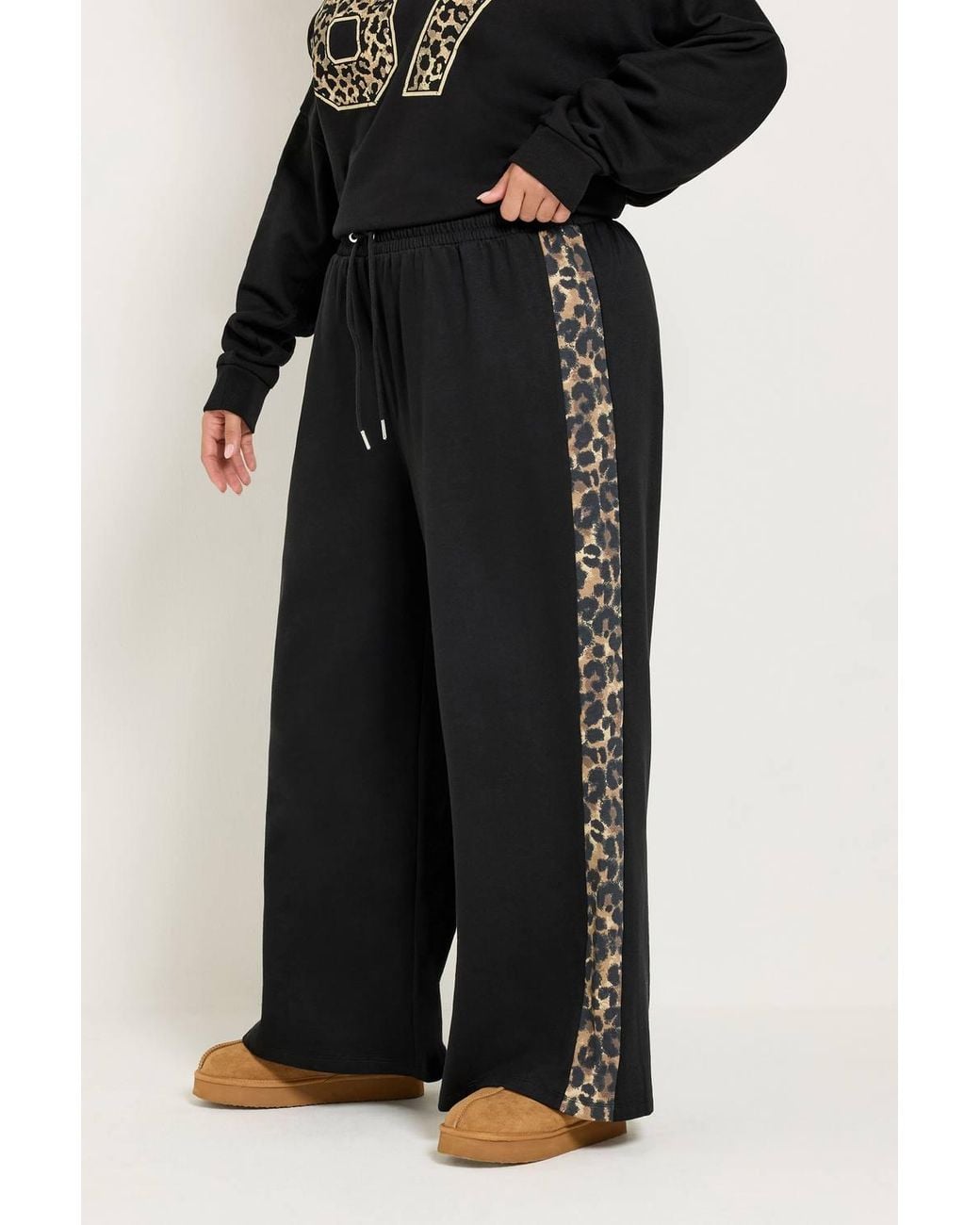 Yours Black Leopard Insert Wide Leg Joggers