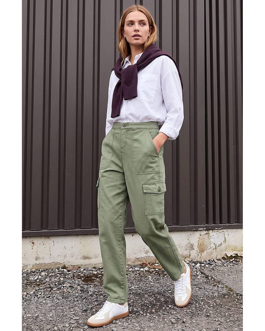 Roman Green Casual Elastic Waist Cargo Stretch Trousers