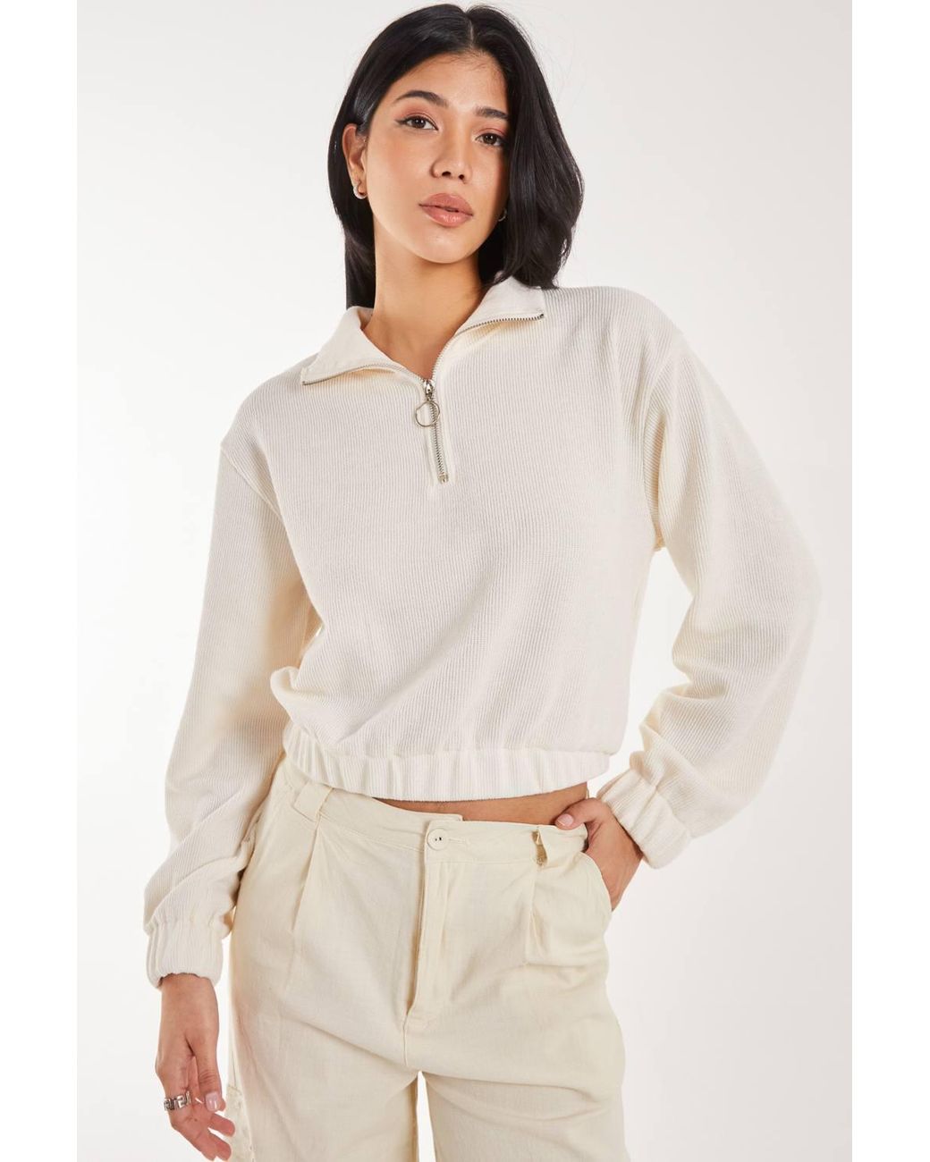 Pink Vanilla White High Neck Zip Up Cropped Sweateshirts