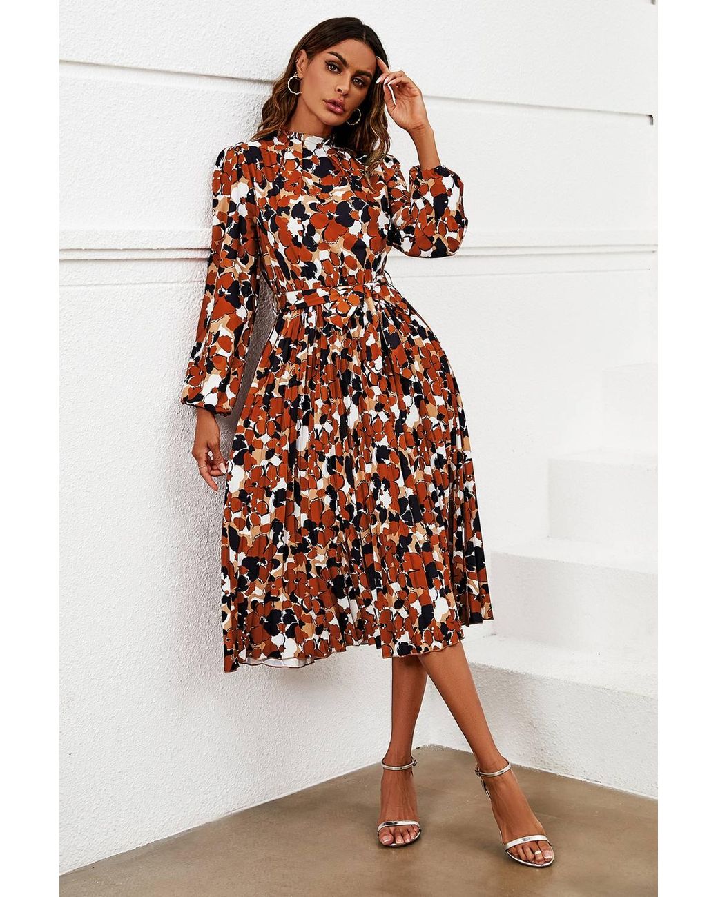 FS Collection White Floral Print High Neck Long Sleeve Midi Dress
