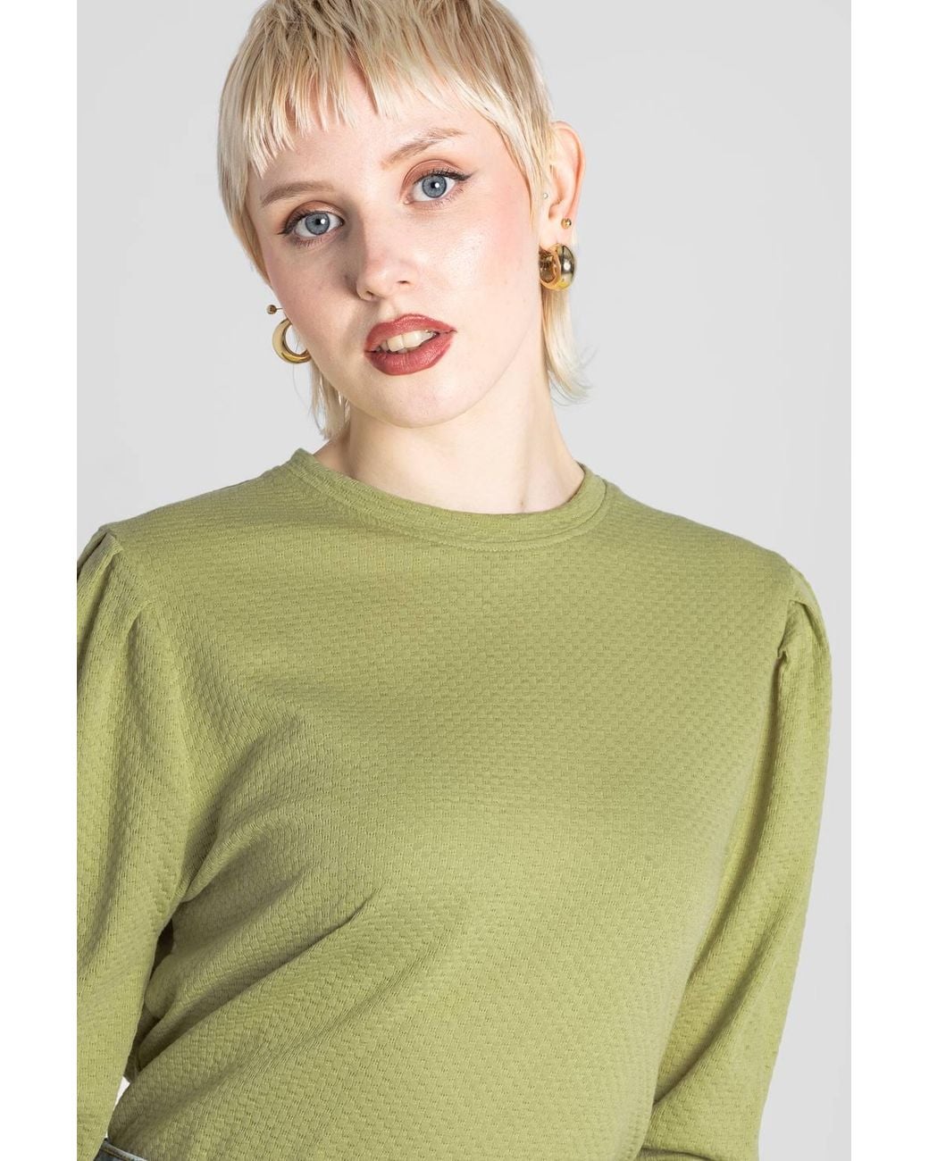 Enorsia Green Long Sleeve Crew Neck Jersey Top W/ Puff Sleeve