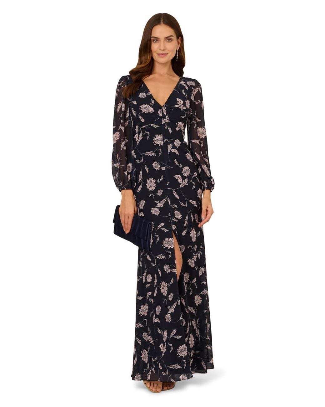 Adrianna Papell Black Print Chiffon Long Dress