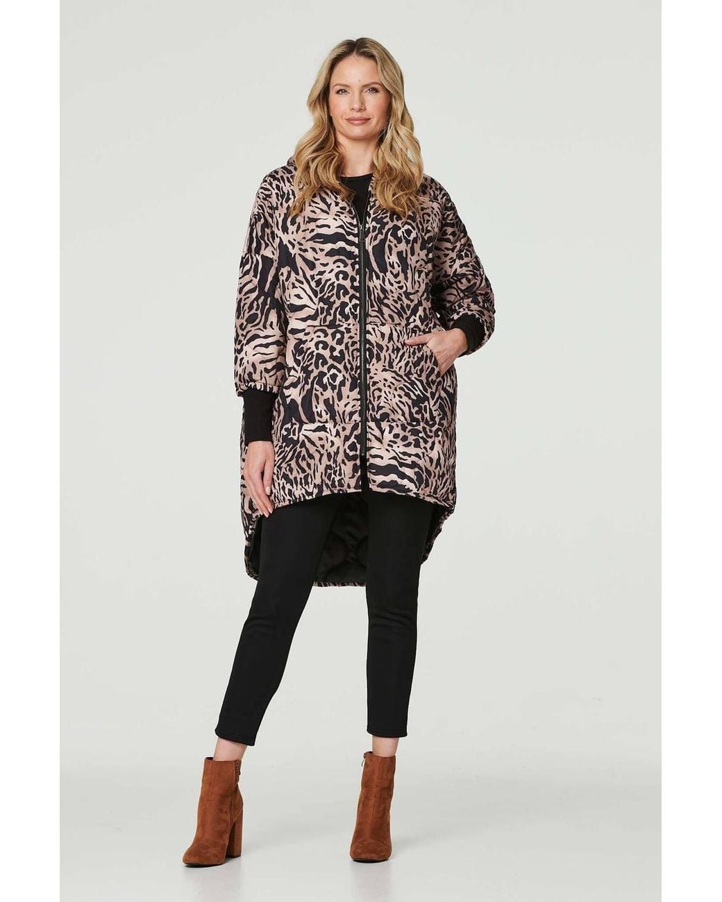 Izabel London Blue Printed Zip Front High Low Coat