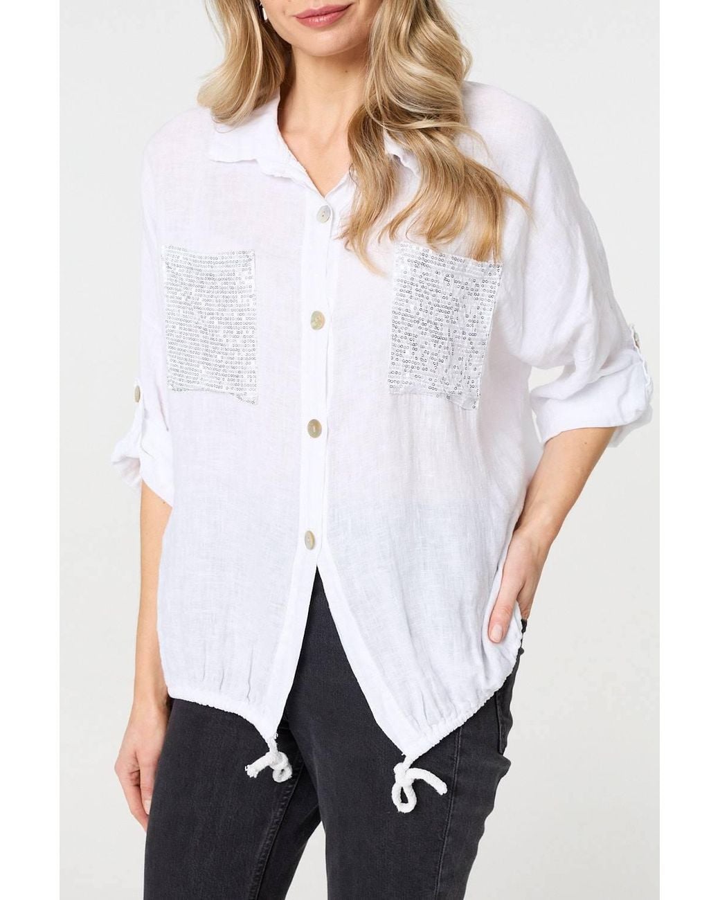 Izabel London White Sequin Detail 3/4 Turn-Up Sleeve Shirt