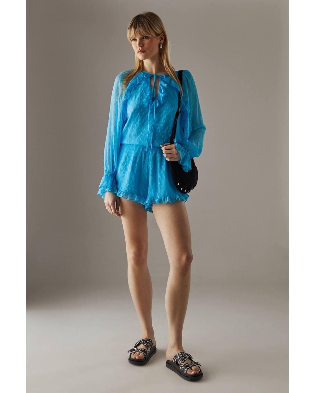 Warehouse Blue Marble Dobby Chiffon Ruffle Blouson Romper