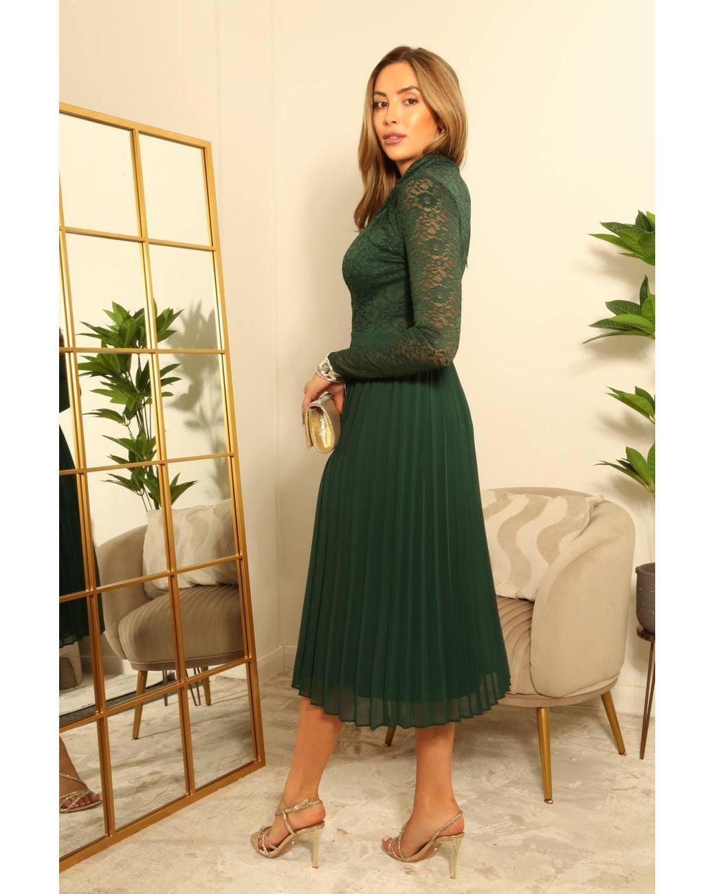 Double Second Green Long Sleeve Twist Lace Neck Midi Dress