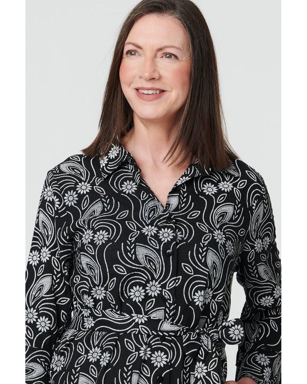 Izabel London Black Floral 3/4 Sleeve Tie Midi Shirt Dress
