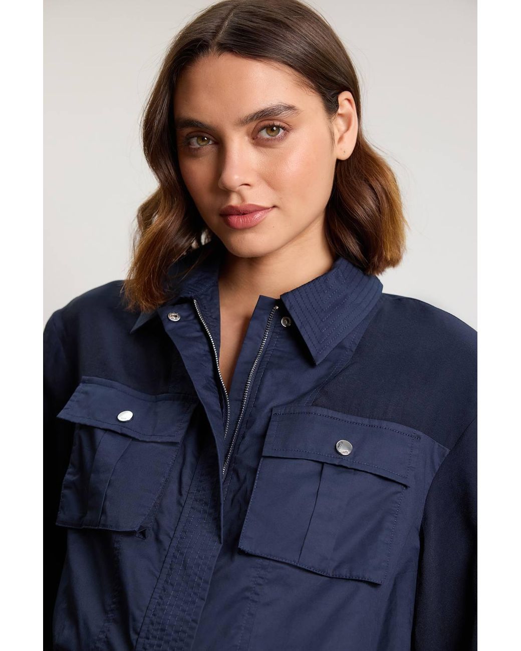 Karen Millen Blue Utility Organdie Cropped Pocket Detail Bomber Jacket