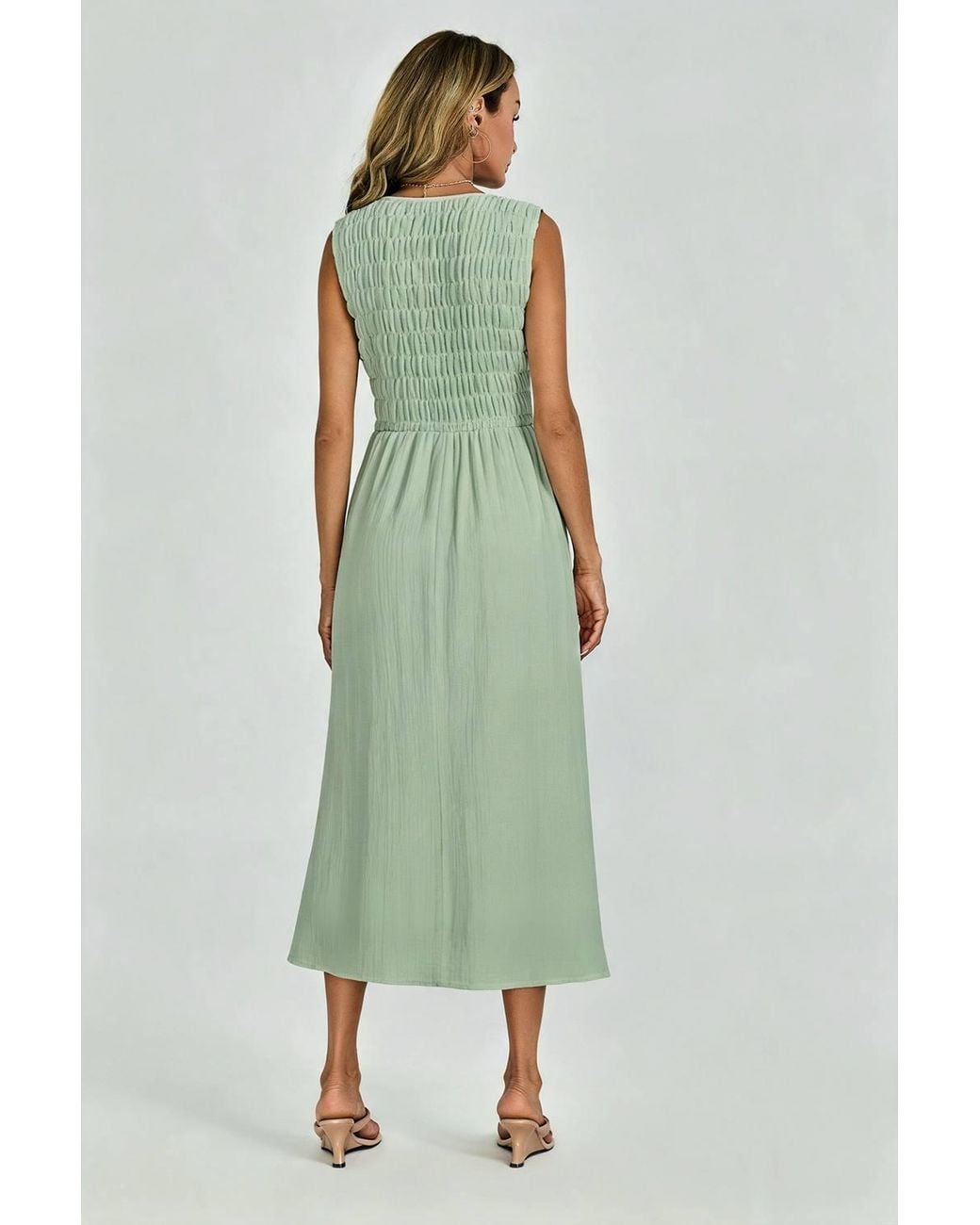 FS Collection Green Sleeveless Shirred Bodice Midi Dress