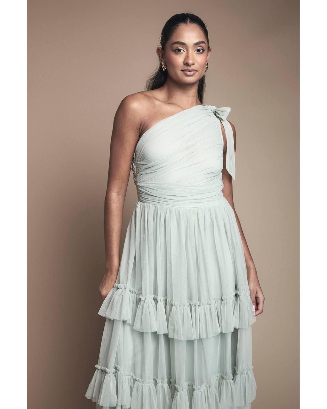 Oasis Green Pleated Mesh One Shoulder Tiered Maxi Bridesmaid Maxi Dress