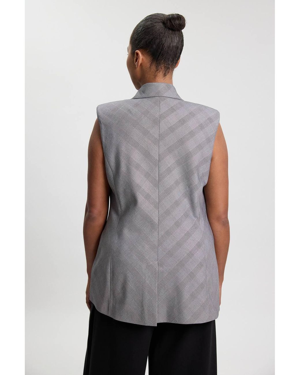 Karen Millen Gray Plus Size Soft Tailored Check Wrap Detail Sleeveless Blazer