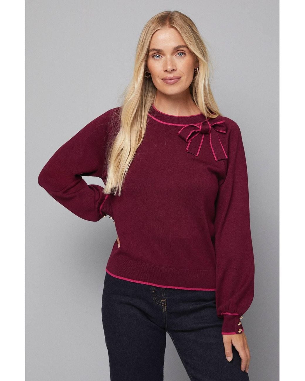 Wallis Red Petite Tipped Bow Neck Sweater