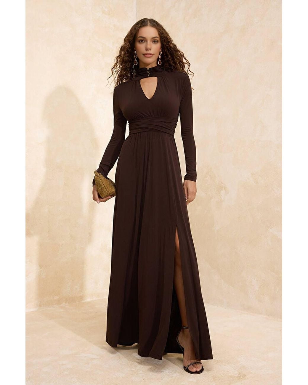 WOVCOR Black High Neck Cut Out Knitted Maxi Evening Dress