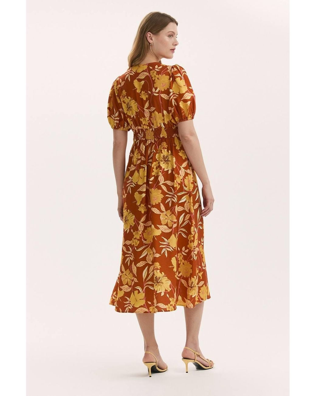 Finery London Orange Addison Floral Crepe Midi Dress