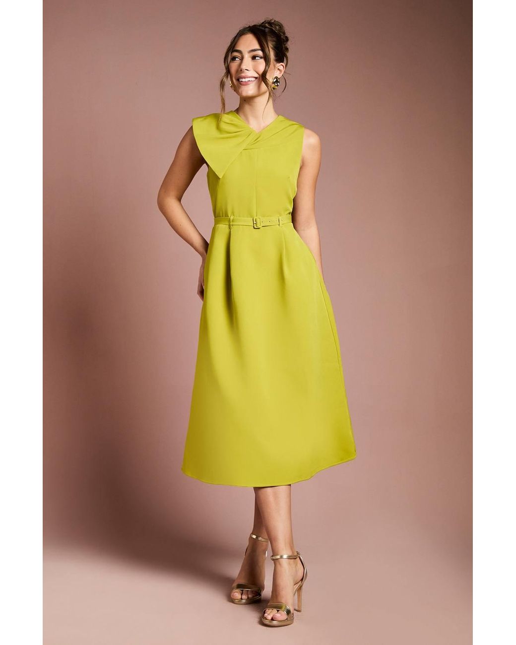 Coast Yellow Bow Detail Belted Crepe Midi Dress