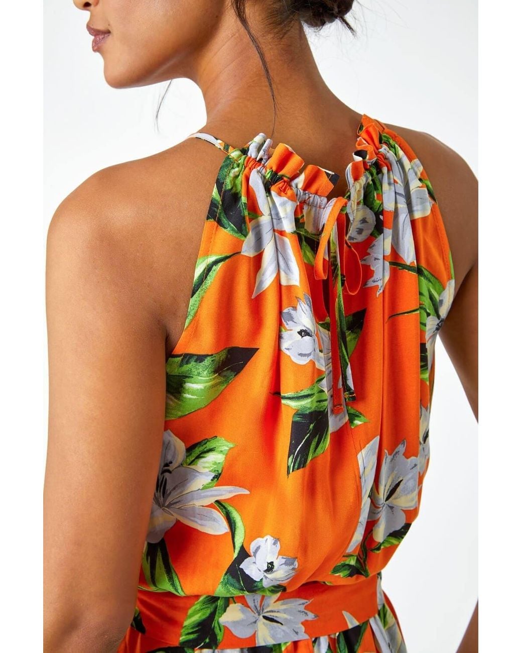 Roman Orange Tropical Floral Halter Neck Tiered Dress
