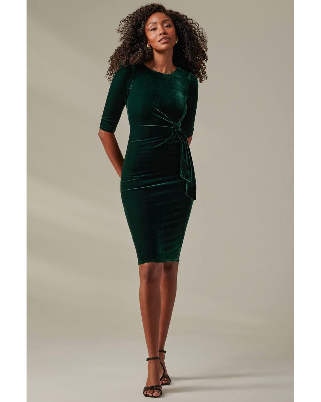 Jolie Moi Green Velvet Side Tie Midi Dress