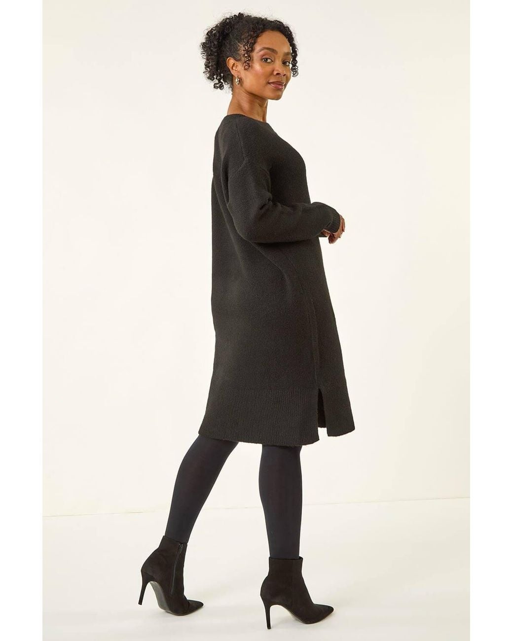 Roman Black Petite Knitted Pintuck Shift Dress