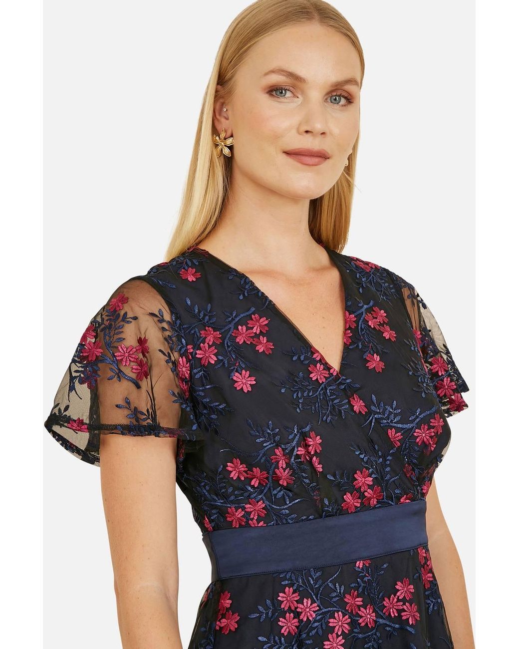Yumi' Blue Embroidered Floral Mesh Wrap Midi Skater Dress