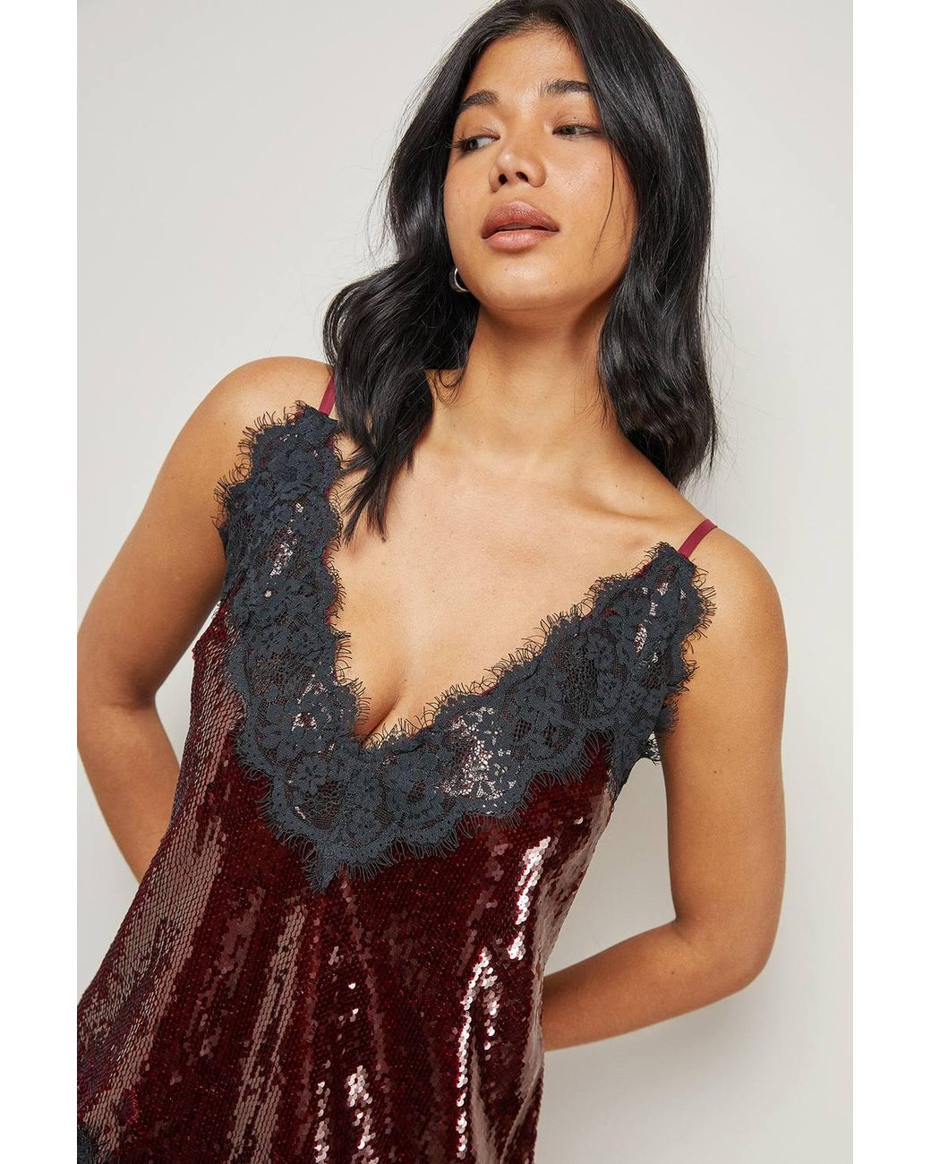 Warehouse Black Sequin Lace Trim High Apex Cami Top