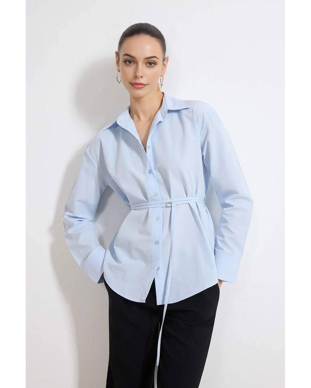 WOVCOR White Belted Oversized Collared Long Sleeve Plain Shirt