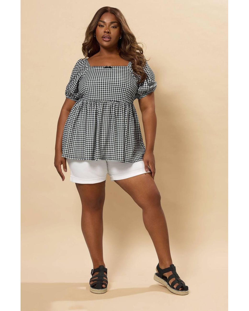Yours Black Gingham Bow Front Peplum Top
