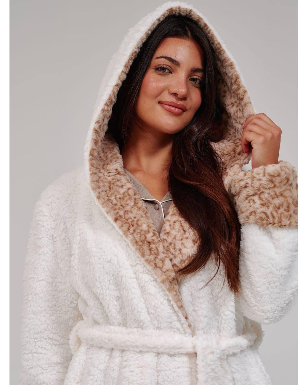 Loungeable Natural Leopard Faux Fur Trim Maxi Dressing Gown