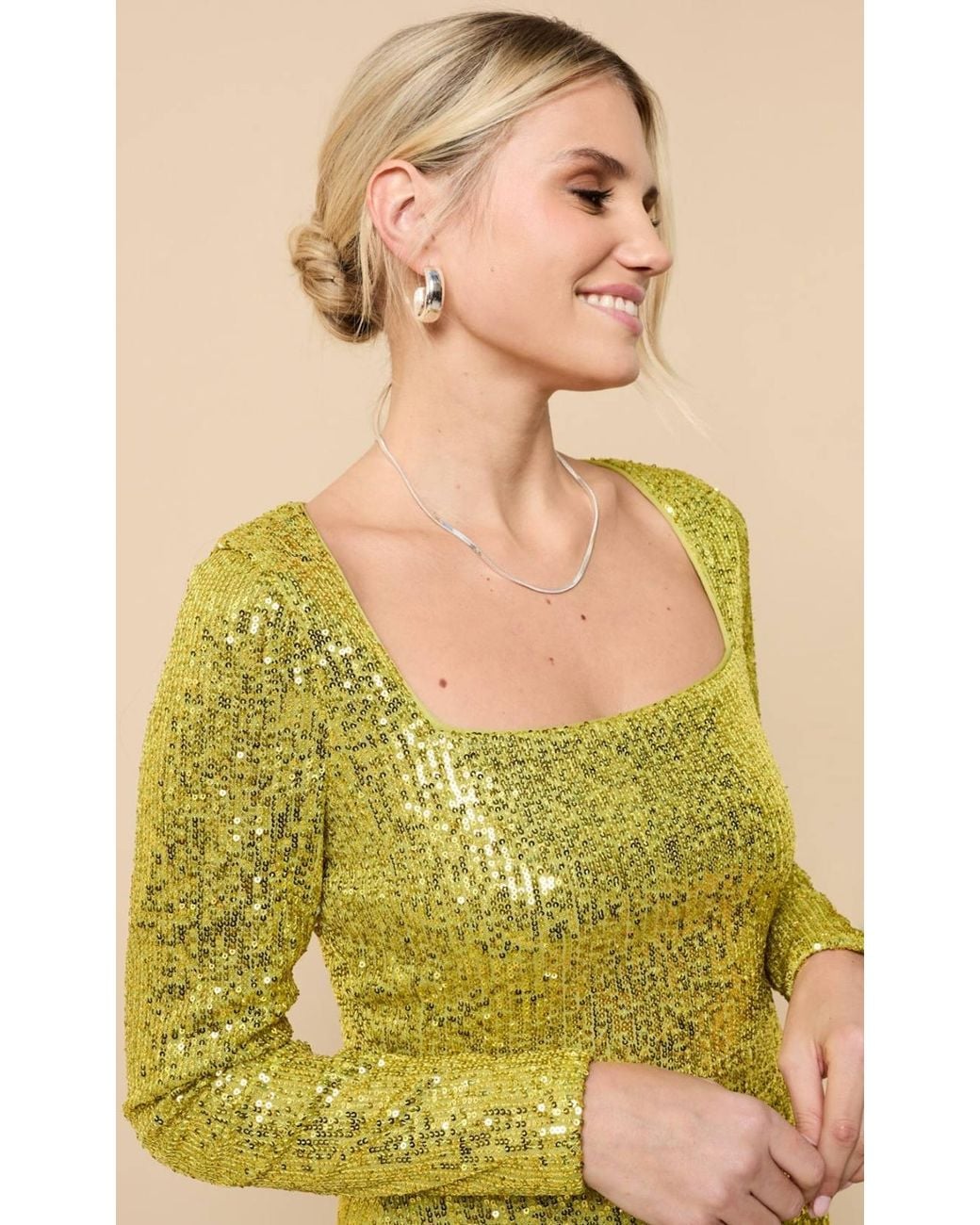 Little Mistress Yellow Sequin Square Neck Midaxi Dress