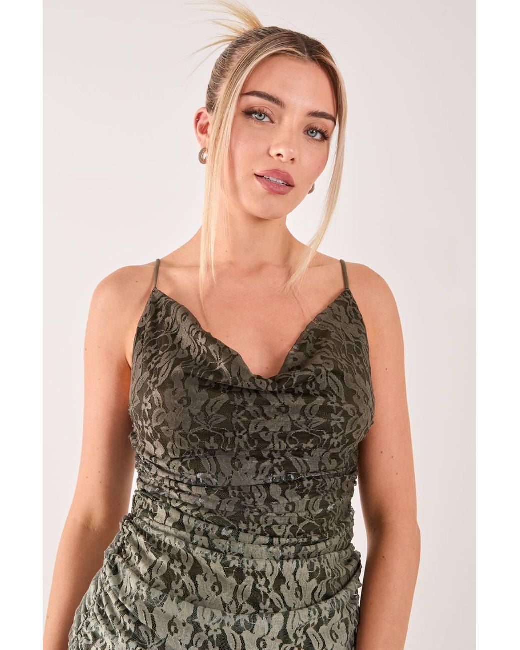 Pink Vanilla Green Lace Cowl Ombre Mini Dress