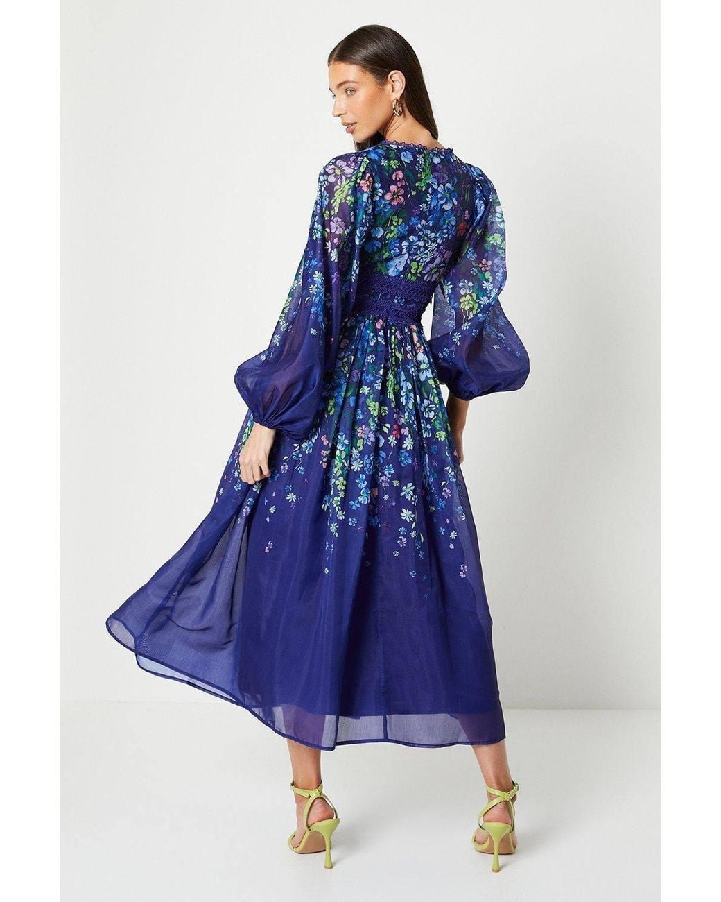 Coast Blue Organza Floral Placement Lace Trim Midaxi Dress