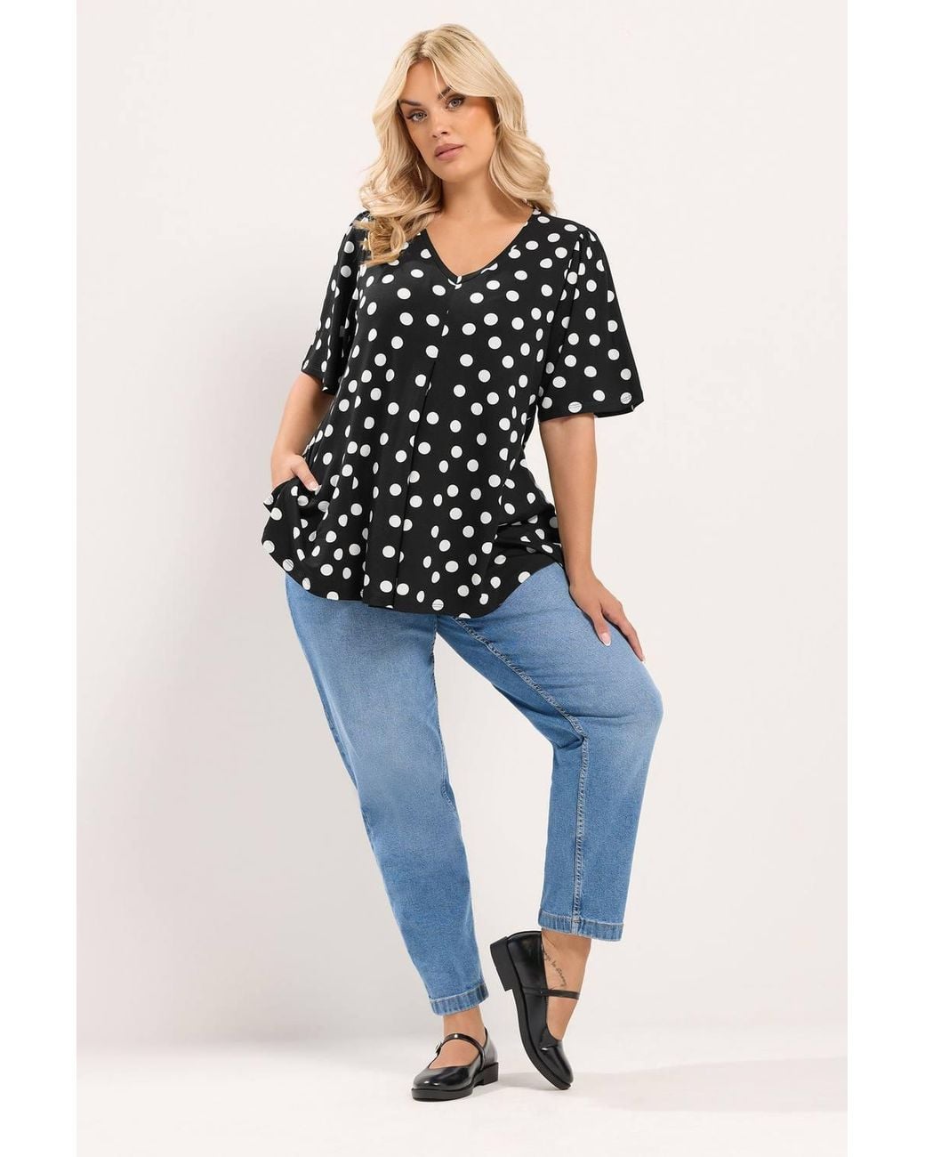 Yours Black Polka Dot Pleated Front Top