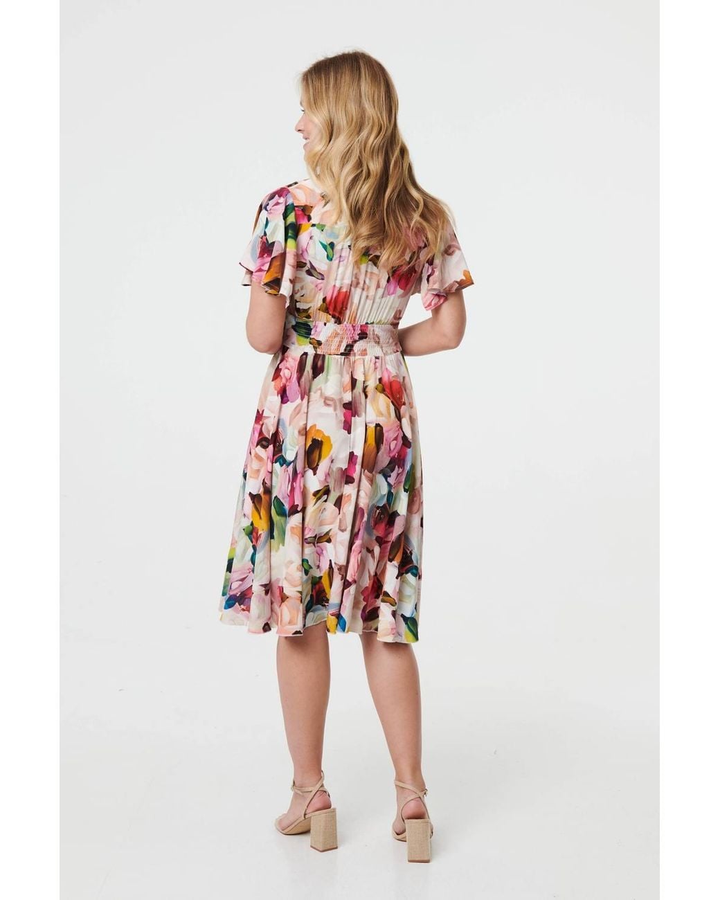 Izabel London White Floral Short Puff Sleeve Midi Dress