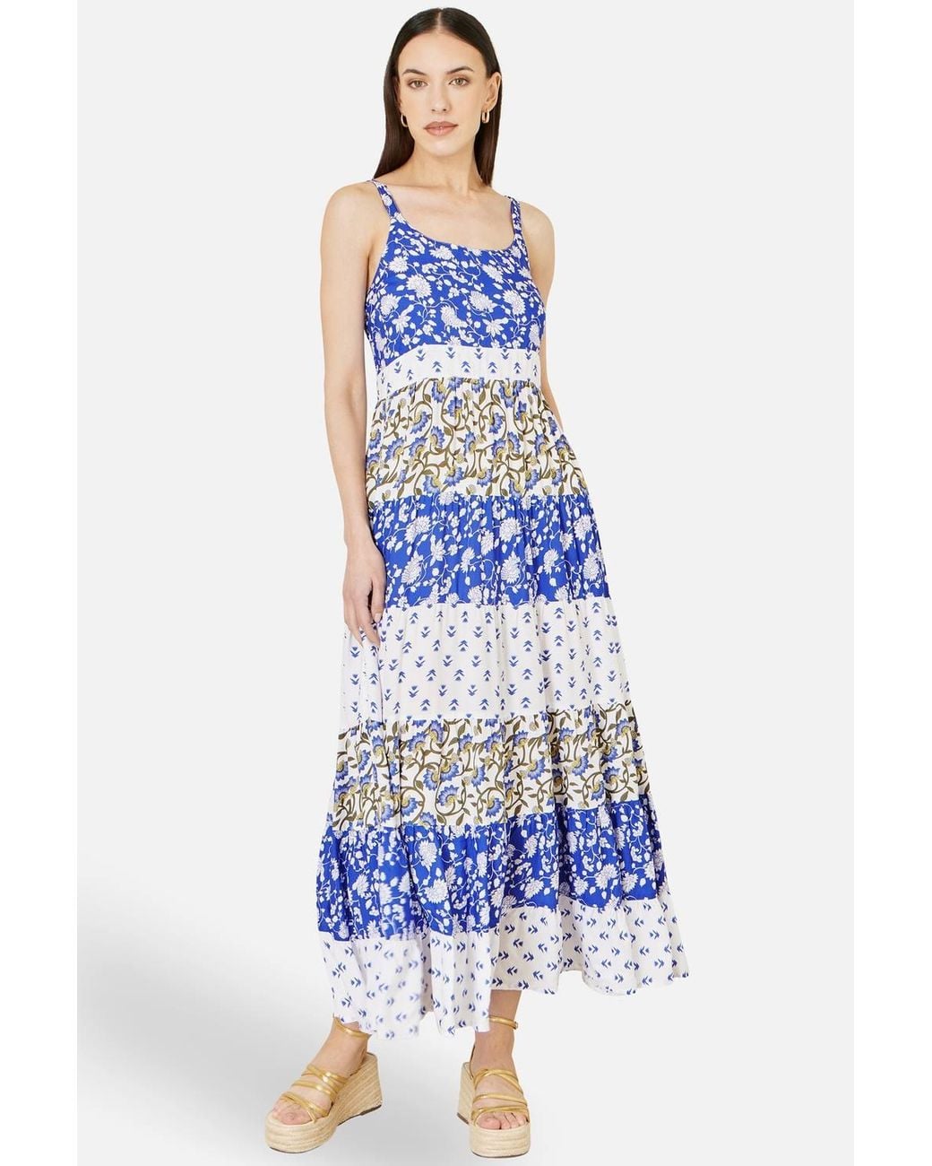 Yumi' Blue Rayon Patchwork Print Tiered Maxi Dress