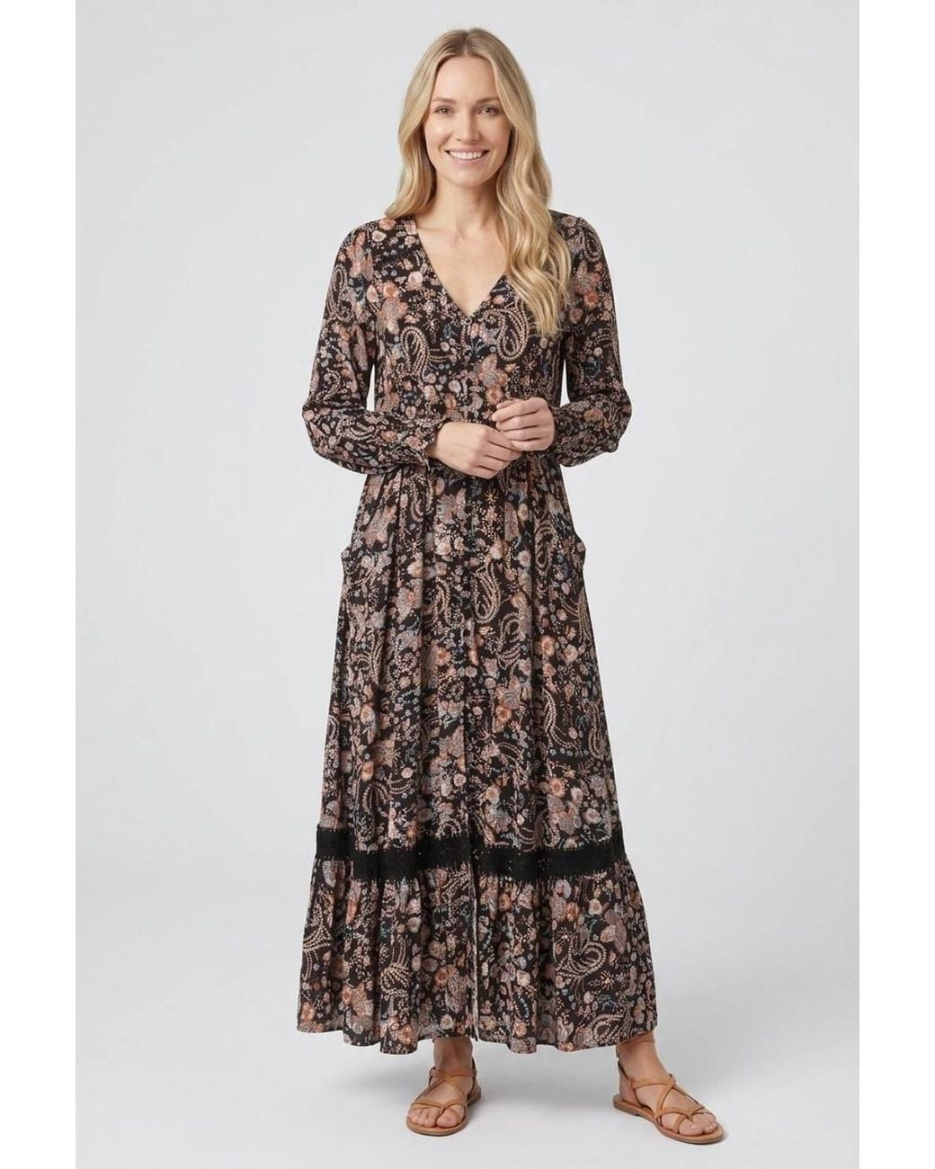 Izabel London Black Paisley Shirred Long Sleeve Maxi Dress
